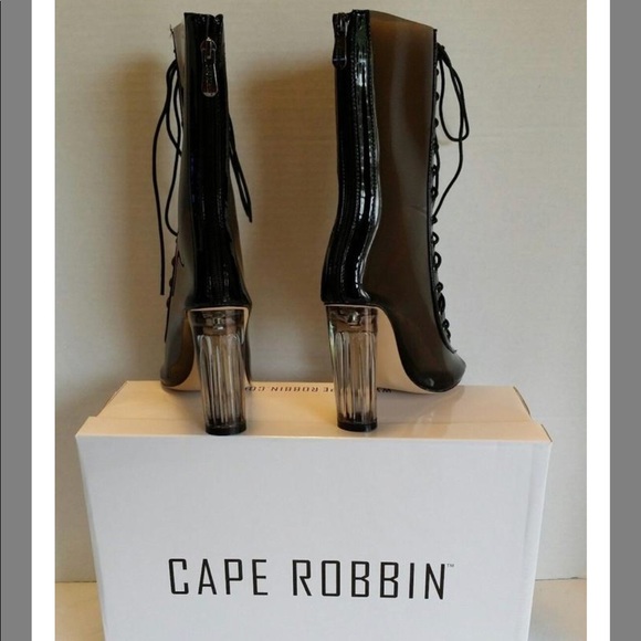 Black Clear Transparent Chunky Heel Lace Up Bootie - Picture 2 of 3